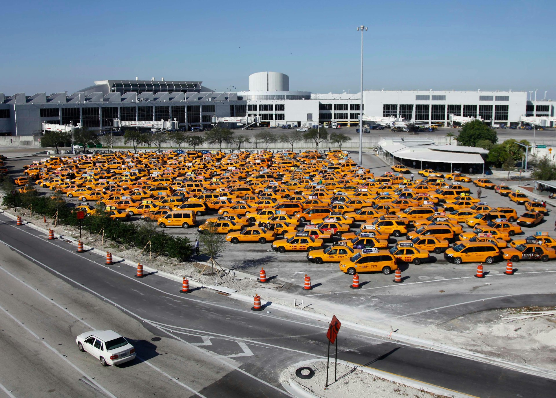 Ranks of yellow taxis at Miami International Airport