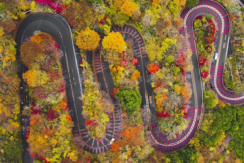 Aerial view of the curves of a scenic mountain road in Fuji-Hakone Izu National Park in autumn, Japan.