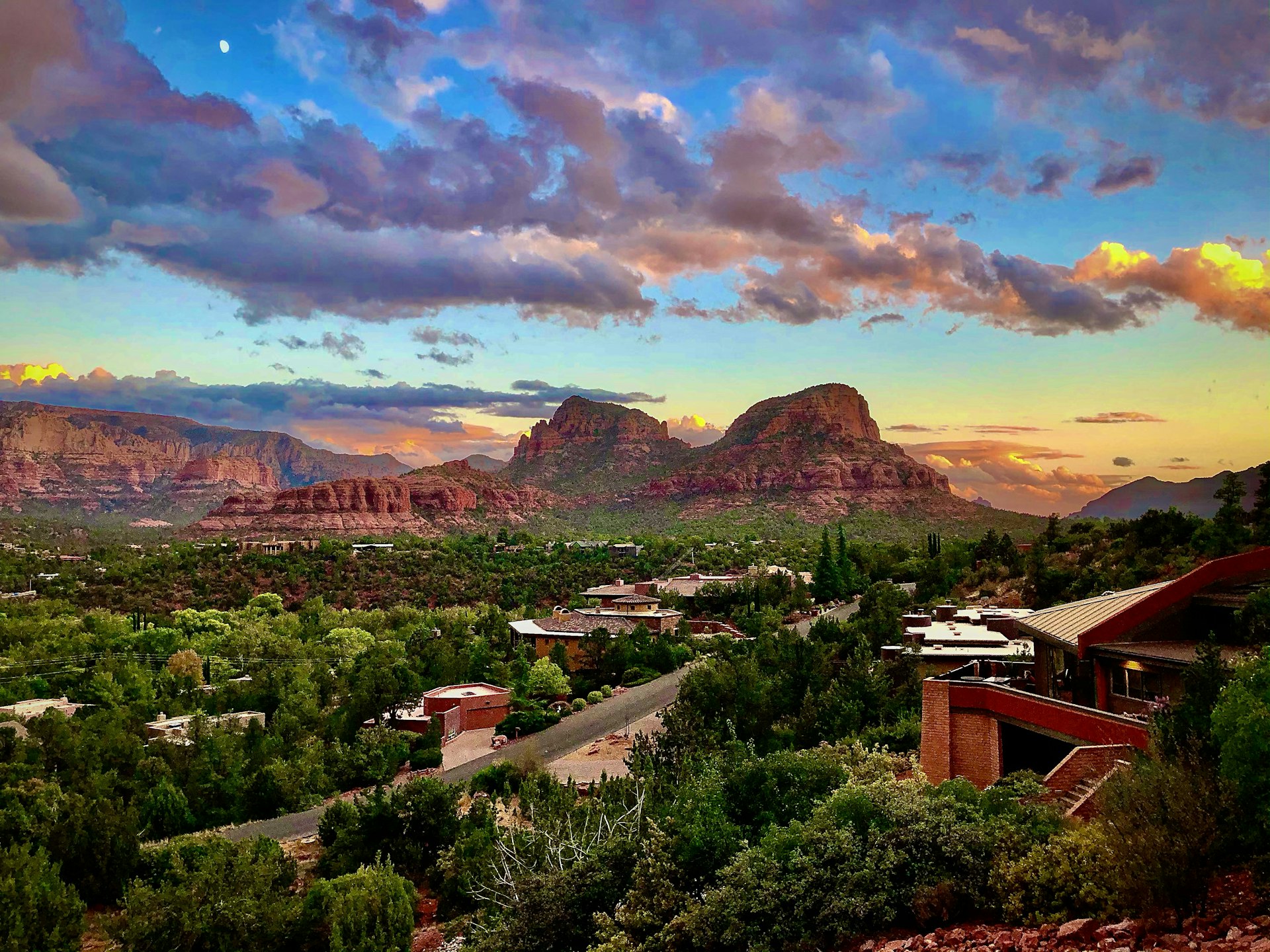 Mountains illuminated by sunset, with a tree-filled street in the foreground