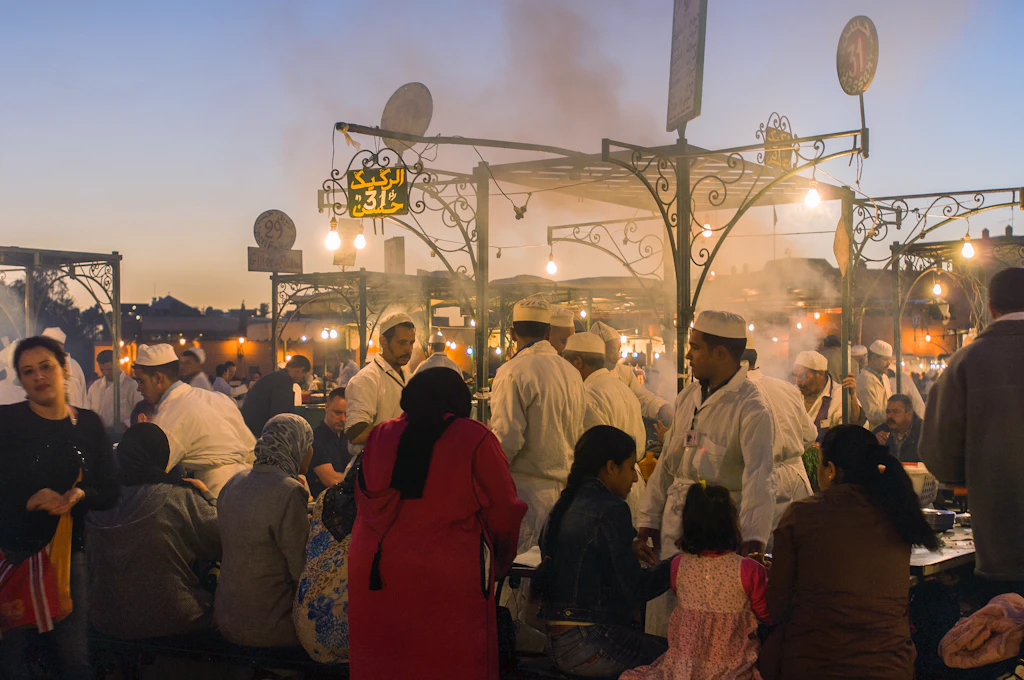 Food stalls at Djemaa El Fna square in Marrakesh, Morocco Food stalls at Djemaa El Fna square in Marrakesh, Morocco