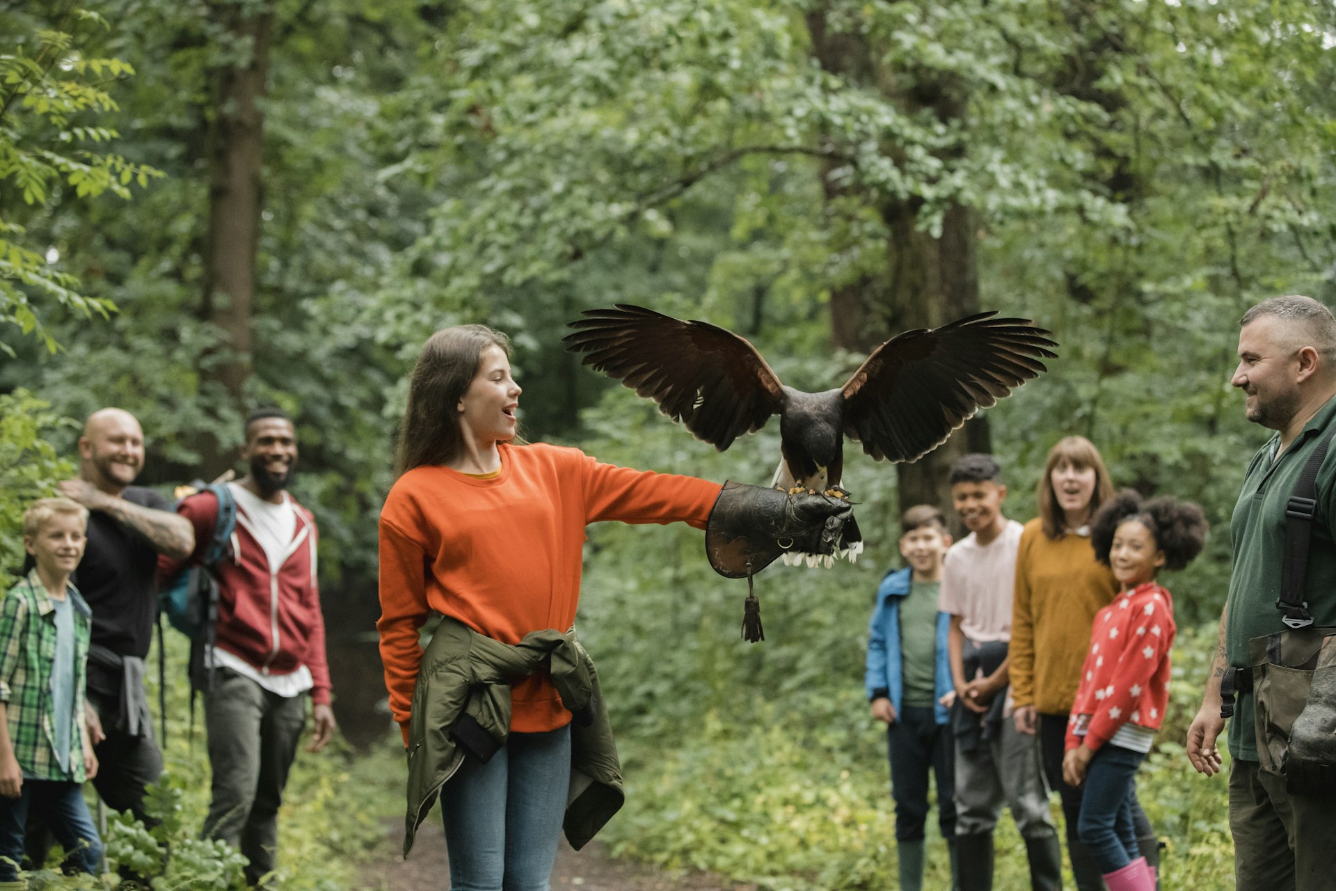 Chica joven que sostiene un ave de rapiña en un guante de cuero en su brazo en el bosque.