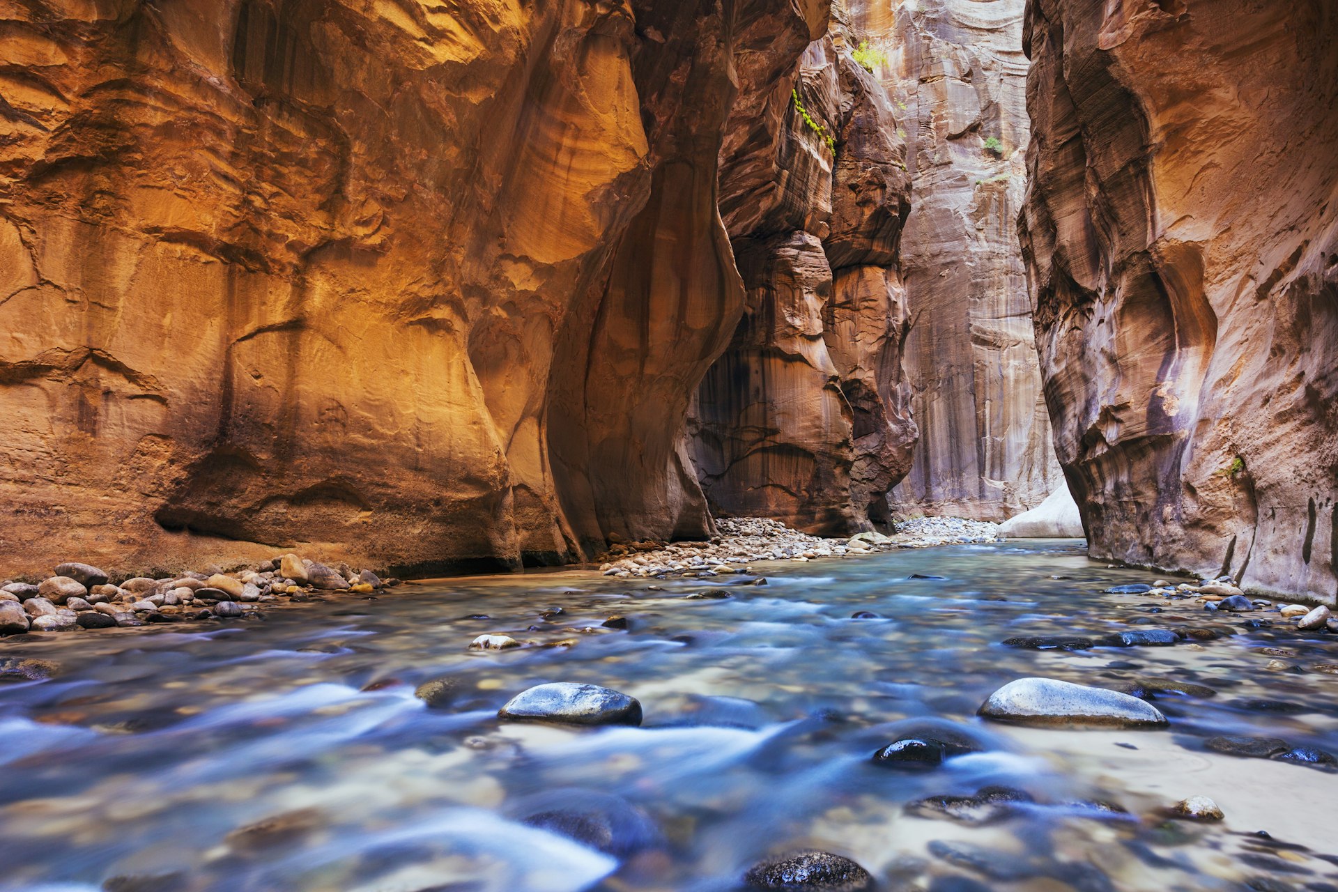 Utah, Zion National Park, Virgin River, Long exposure of flowing river, Canyon narrows.