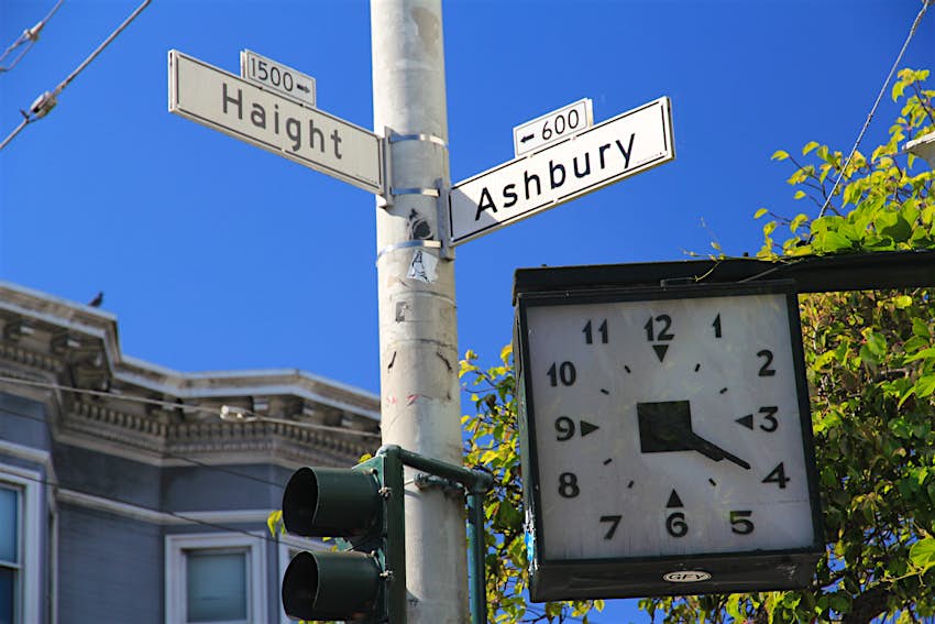 Haight Ashbury intersection sign with 4:20 clock