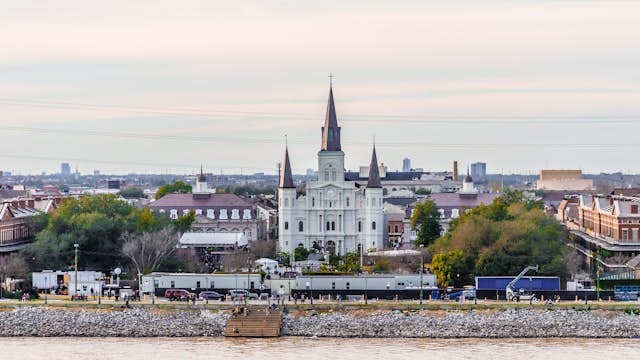 High angle view of St. Louis Cathedral and Jackson Square in French Quarter, New Orleans, LA, USA