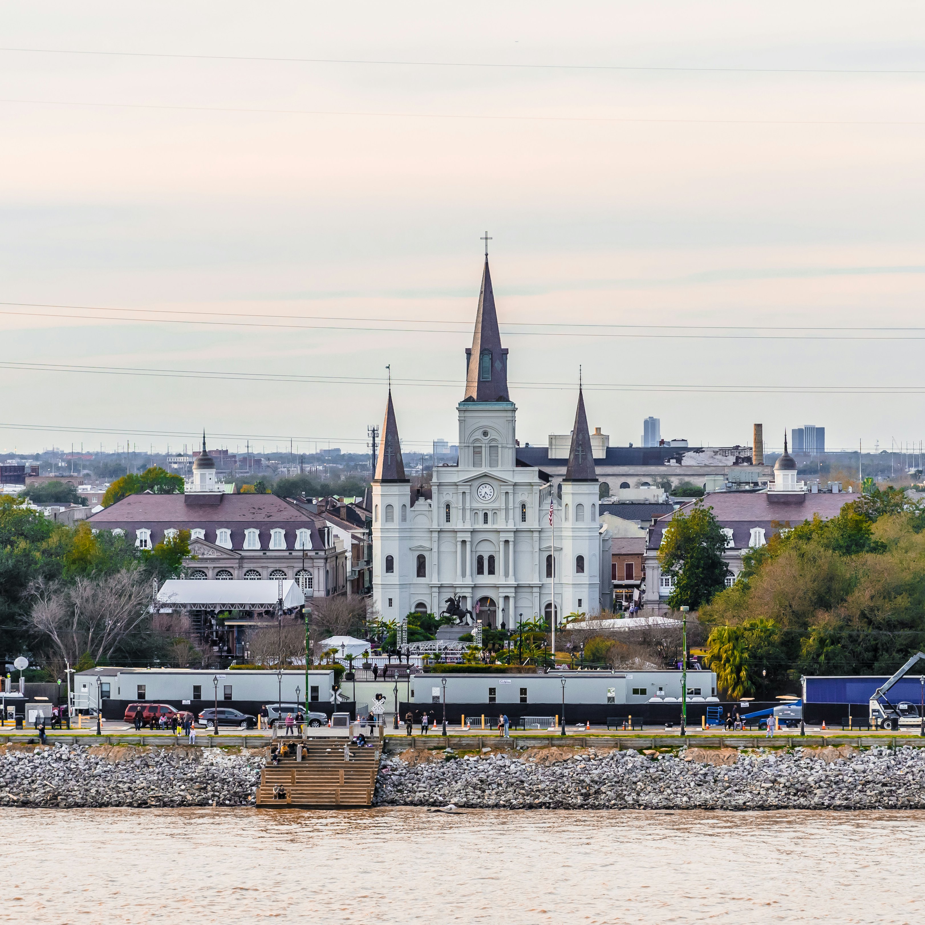 High angle view of St. Louis Cathedral and Jackson Square in French Quarter, New Orleans, LA, USA
