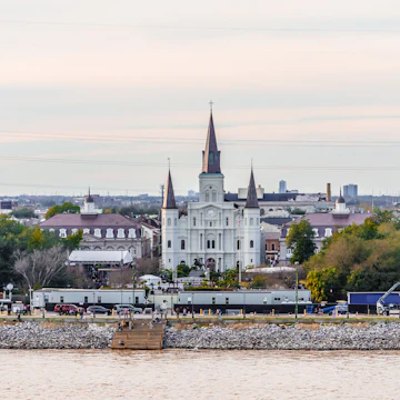 High angle view of St. Louis Cathedral and Jackson Square in French Quarter, New Orleans, LA, USA