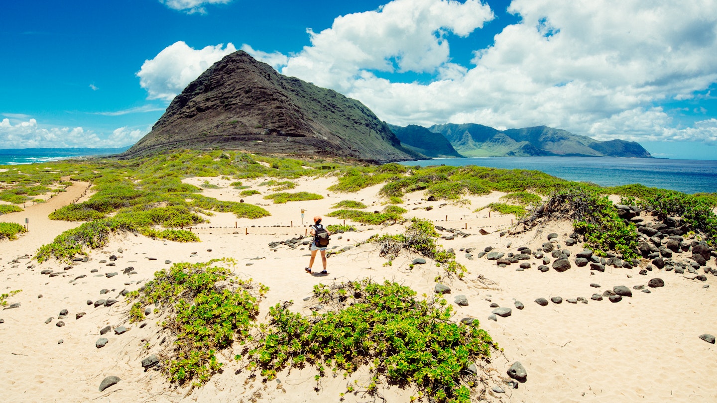 Woman hiking on the dunes of Ka'ena Point in Oahu. Hawaii.