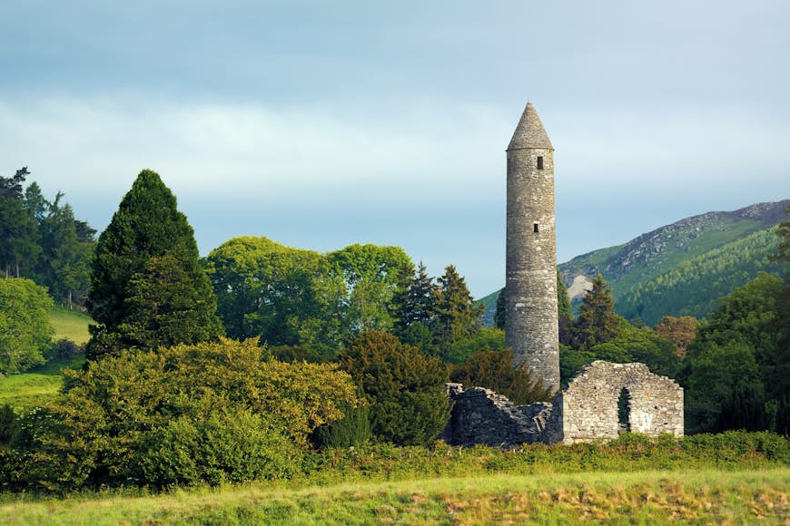The round tower at the Glendalough monastic site in Country Wicklow, Ireland