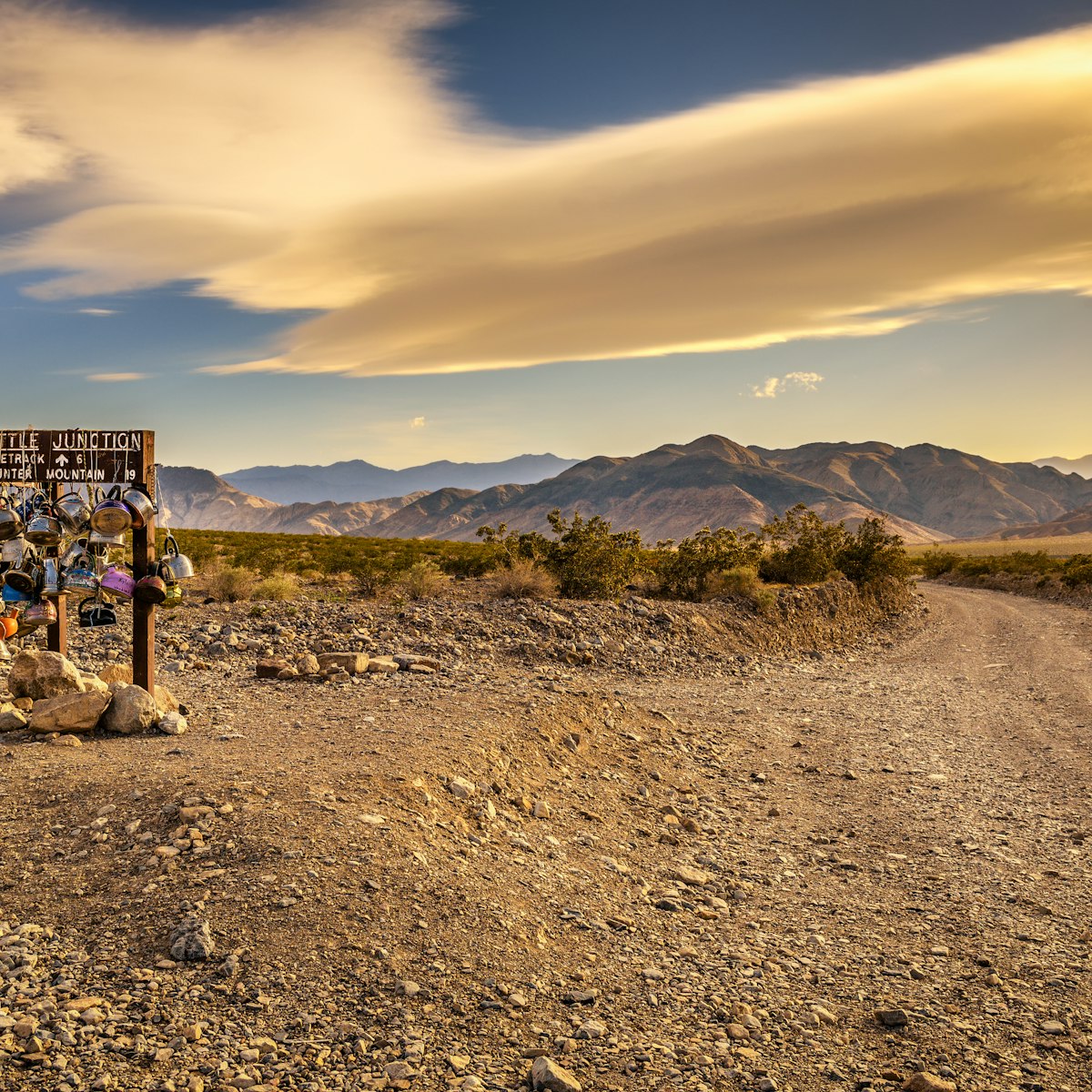 Sign for Teakettle Junction on the way to Racetrack Playa in Death Valley National Park.