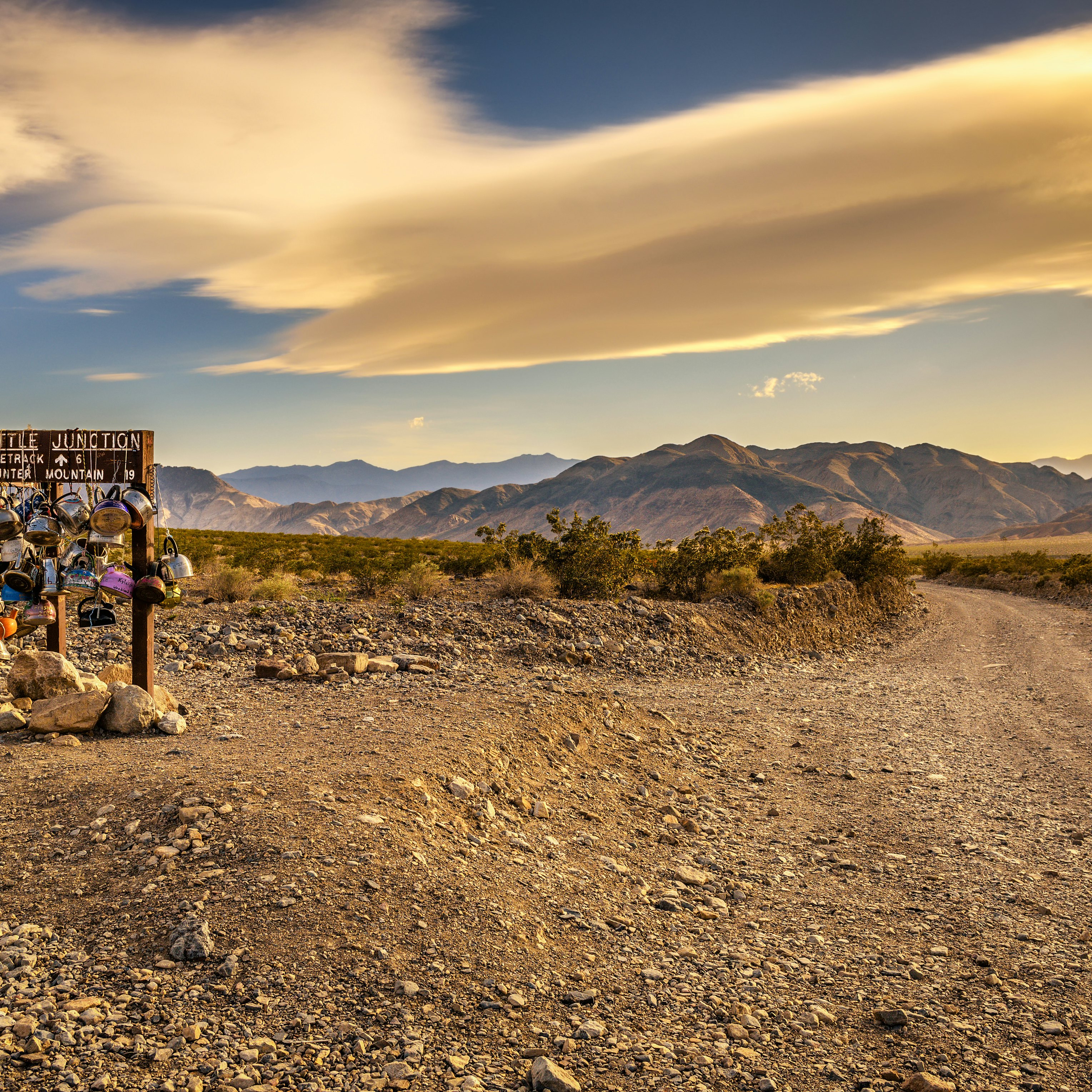 Sign for Teakettle Junction on the way to Racetrack Playa in Death Valley National Park.