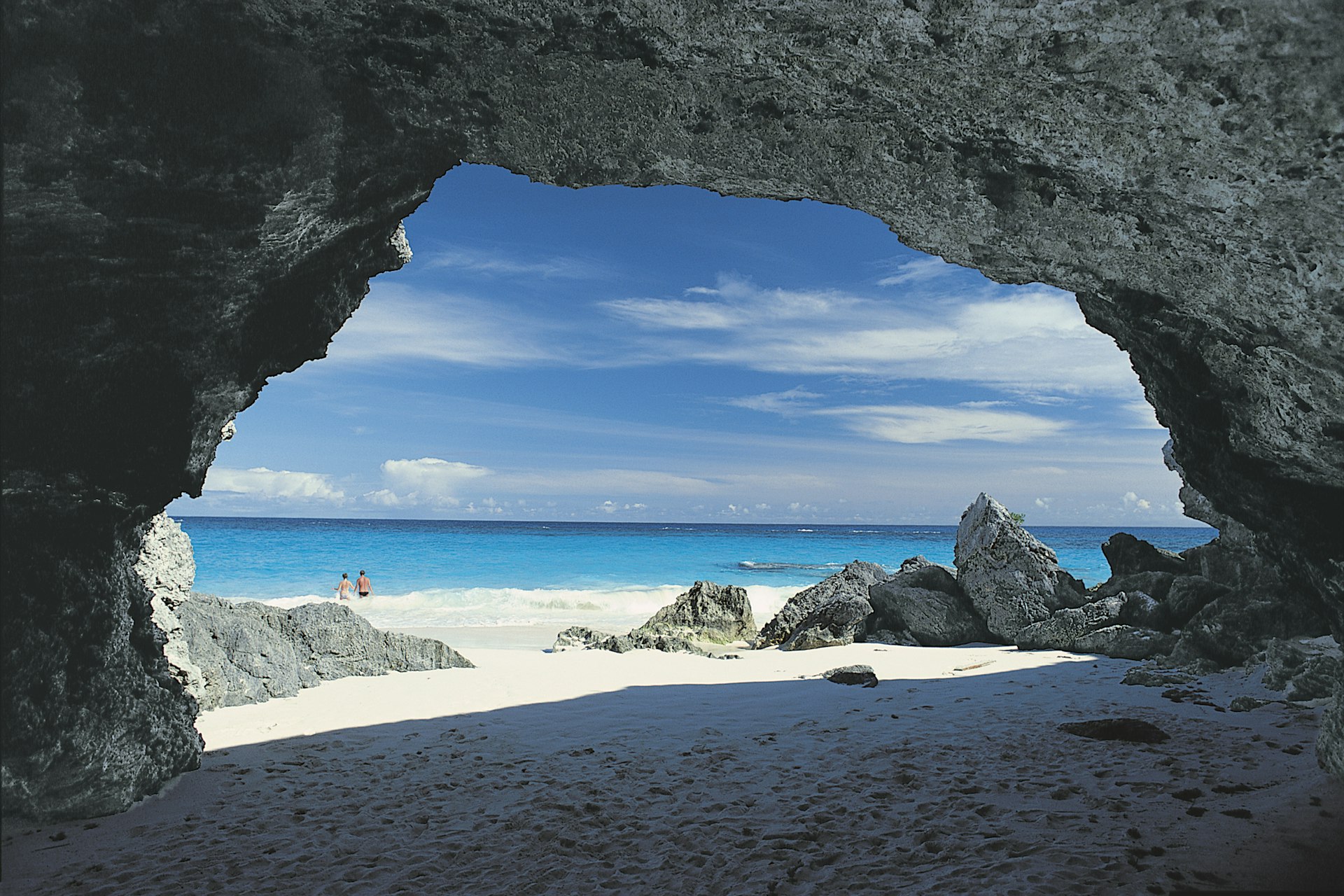 Rock formations on white sand beach in Bermuda