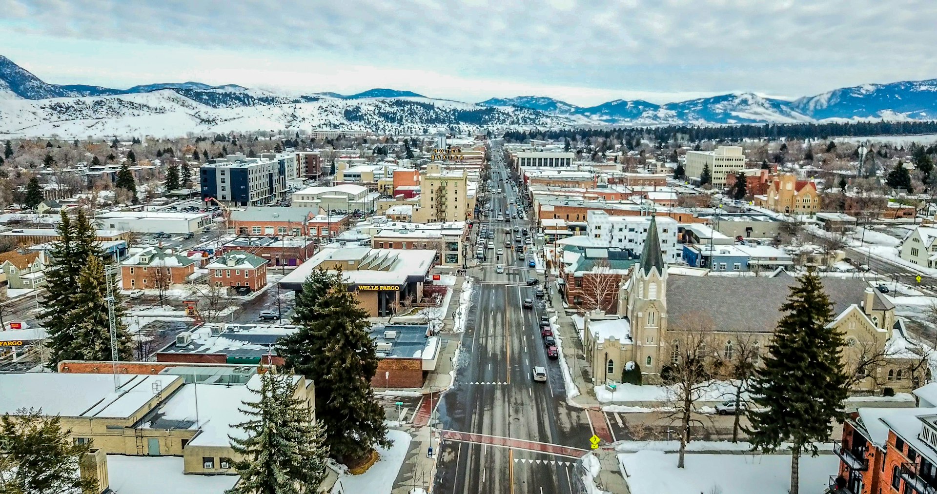 Looking along Main Street in Bozeman in winter