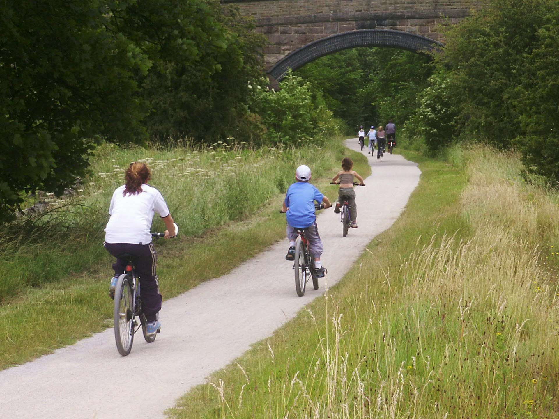 Family cycling on a trail surrounded by grass. There is an arched railway bridge up ahead in the distance