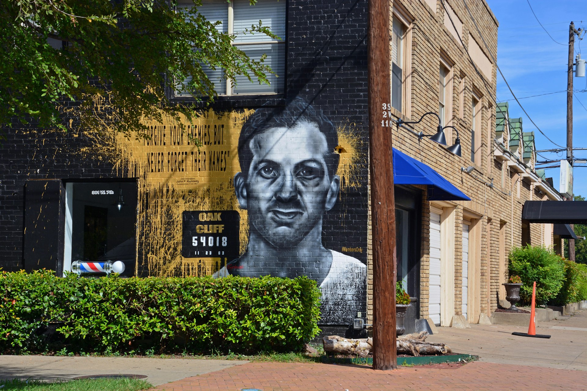 A mural is painted in the Oak Cliff, Bishop Arts District to recall Lee Harvey Oswald and his assassination of John F Kennedy.