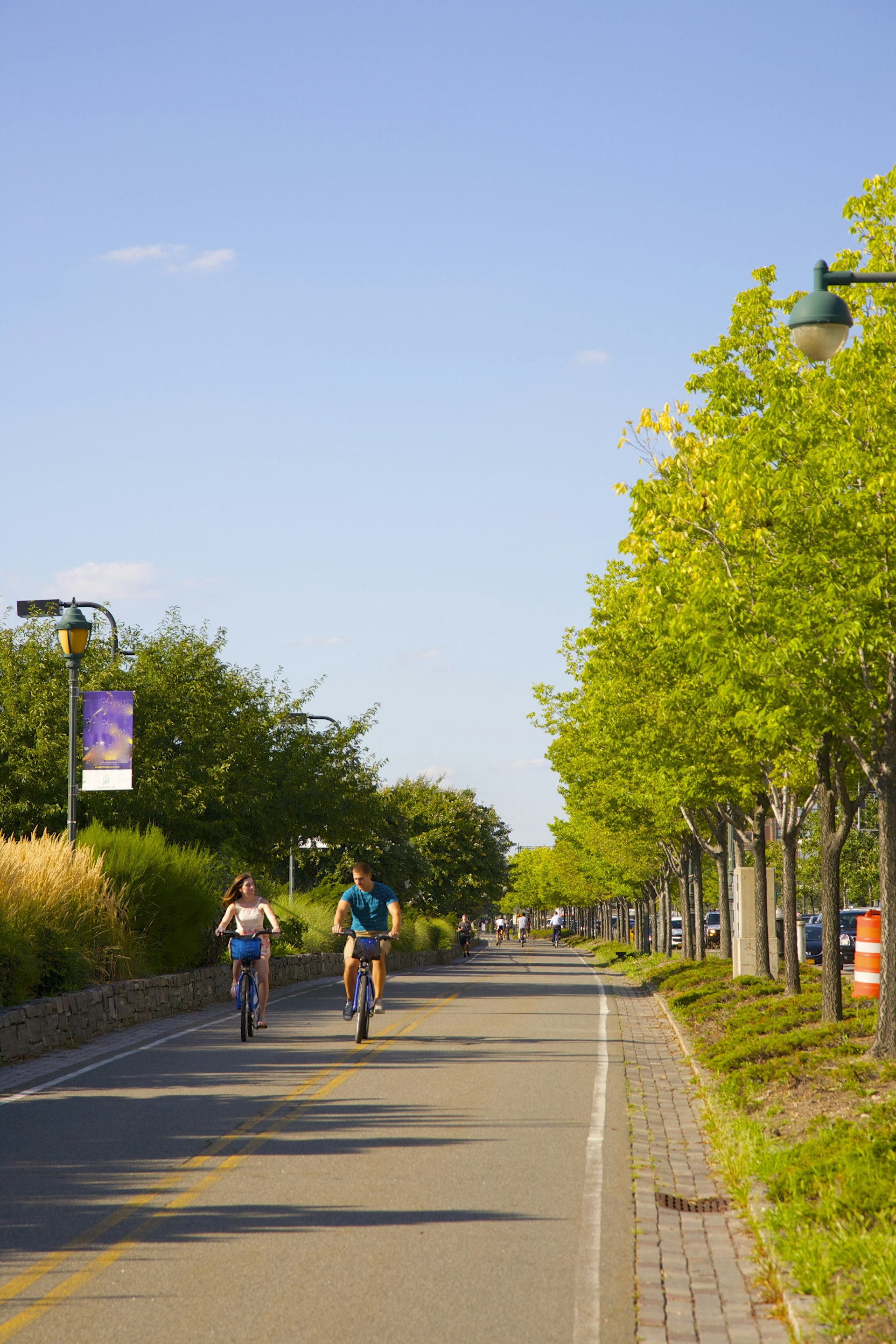 Bicyclists heading south on path between trees on Hudson River Park, Lower Manhattan, New York, USA.