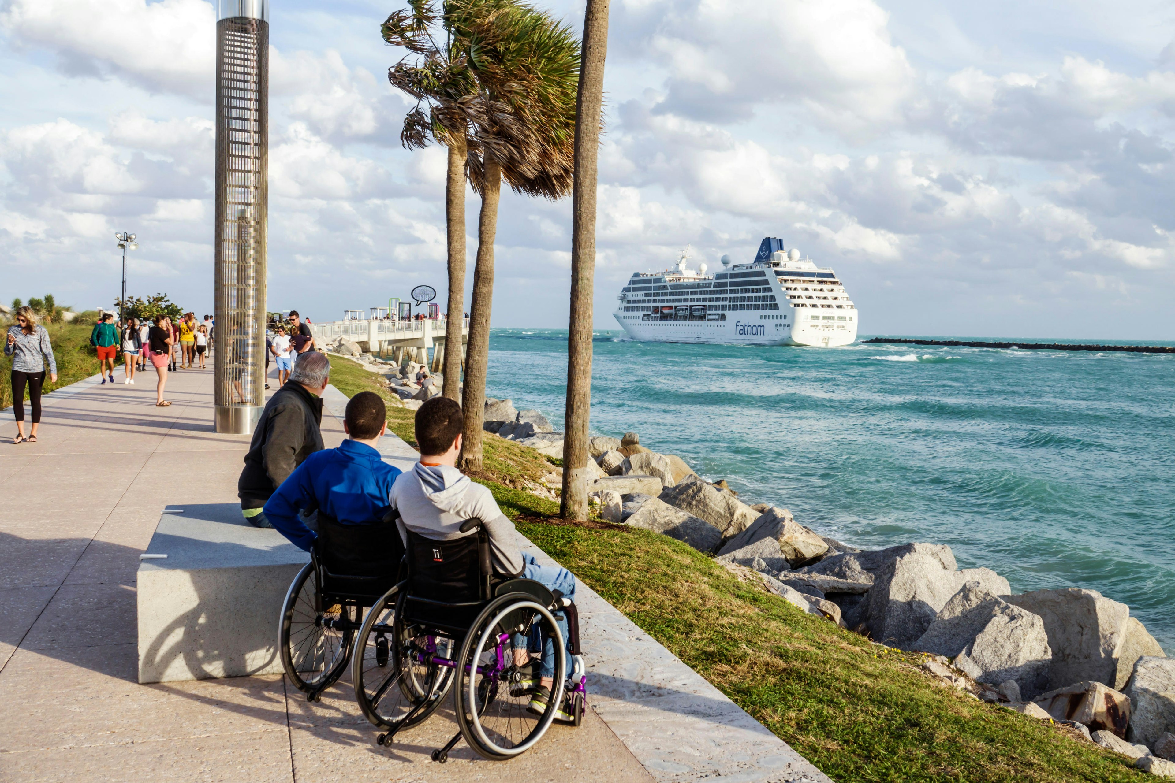 Florida, FL, South, Miami Beach, Government Cut, channel, marine traffic, cruise ship, Adonia, Fathom, seawall, watching, adult adults man men male, s