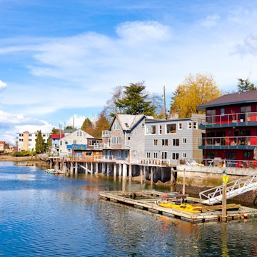 Seattle waterfront houses and apartments stilts on the Lake Washington ship canal. Ballard neighborhood