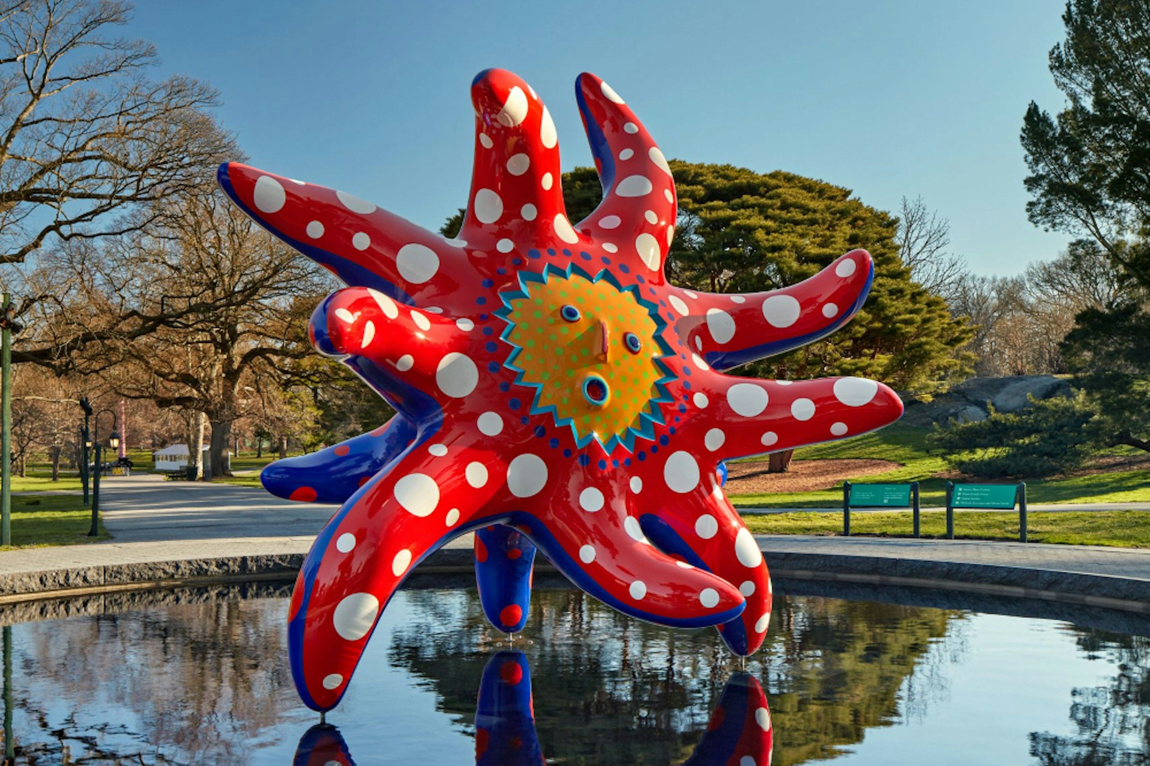 A red installation by artist Yayoi Kusama at New York Botanical Garden