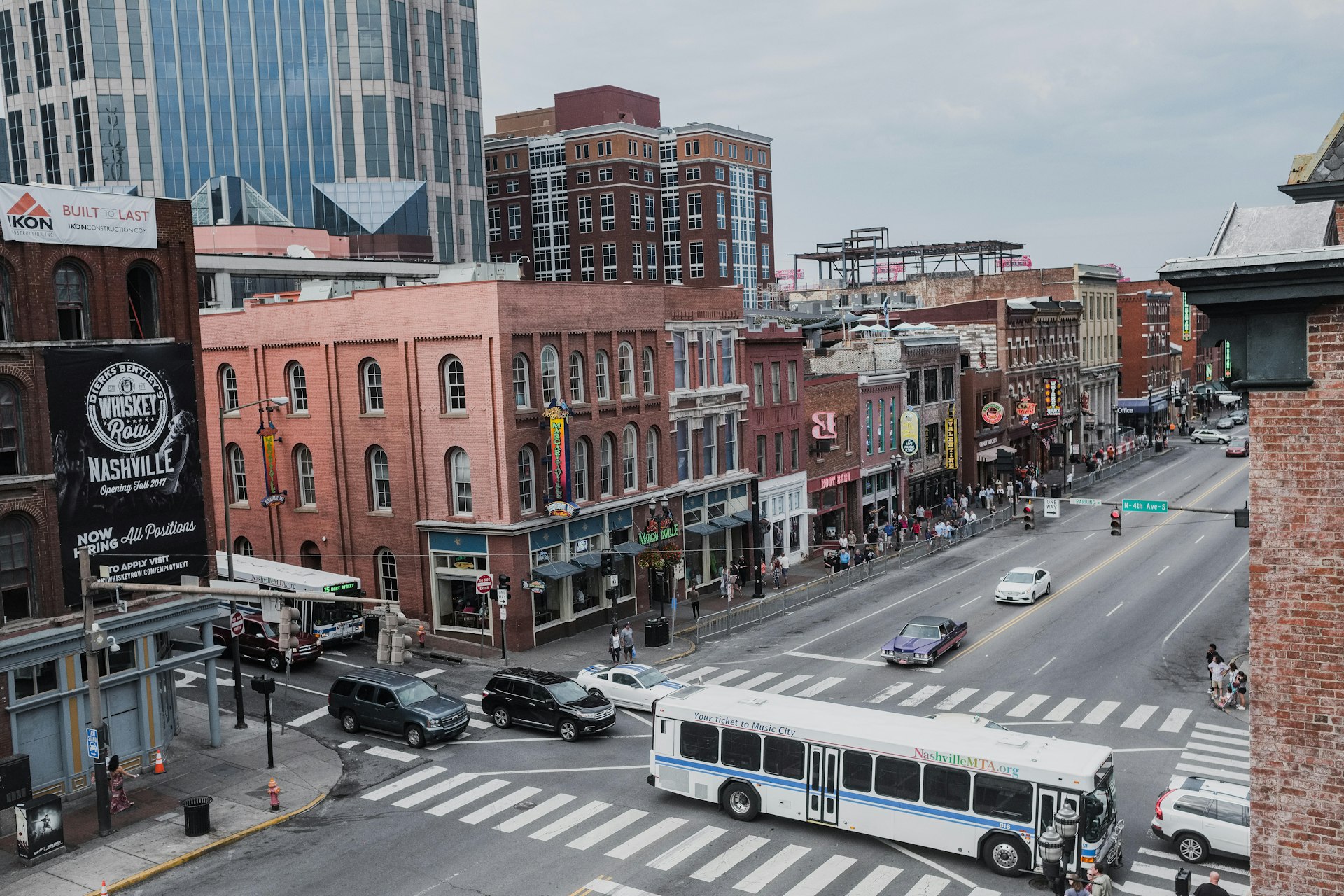 Looking down at a busy street junction, Nashville, Tennessee, North America
