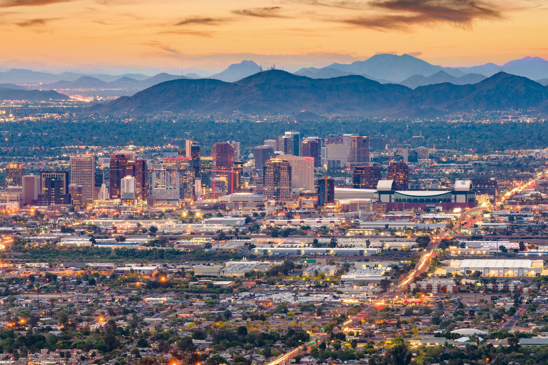 The downtown Phoenix skyline viewed at dusk