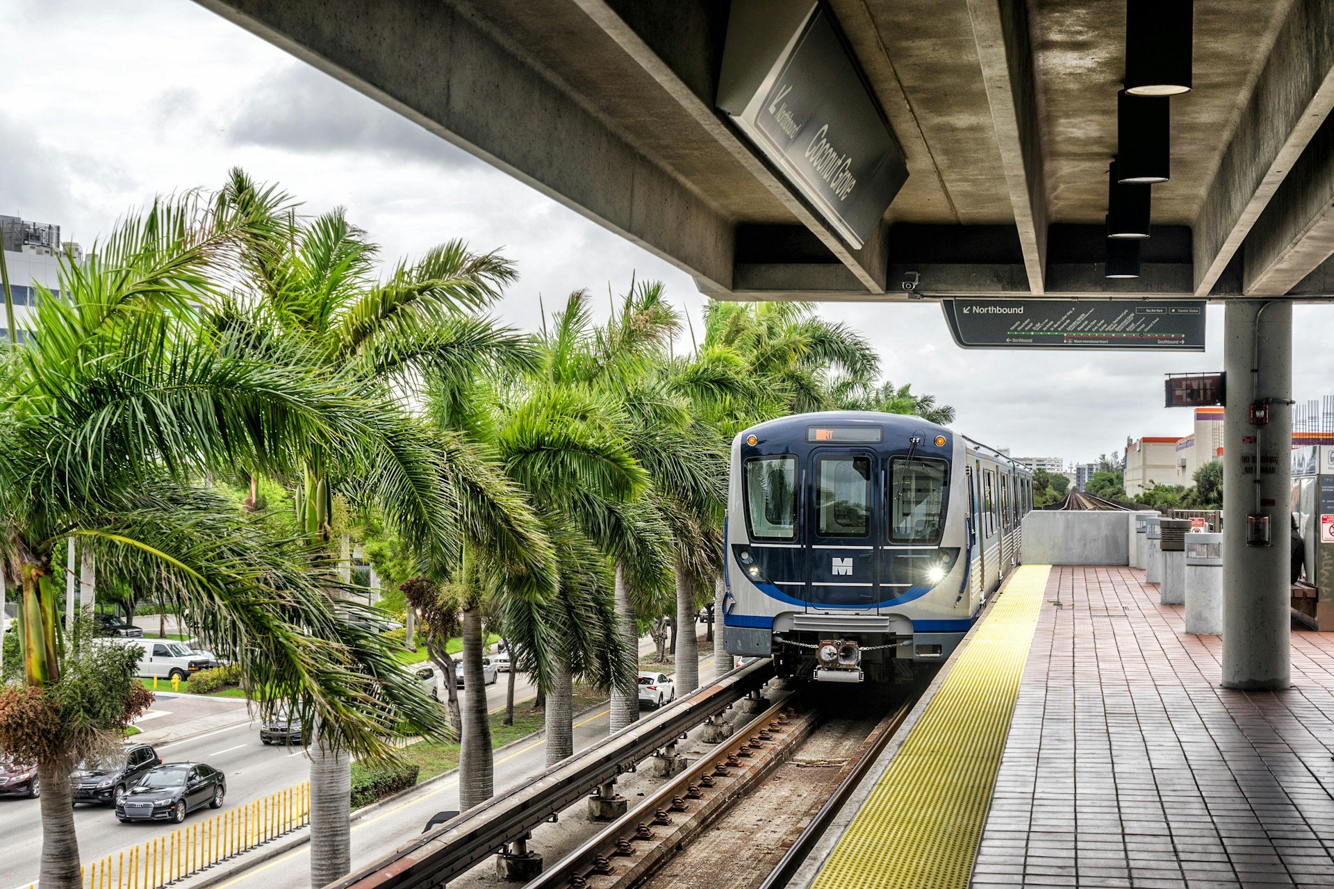 Metromover train at Coconut Grove station in Miami