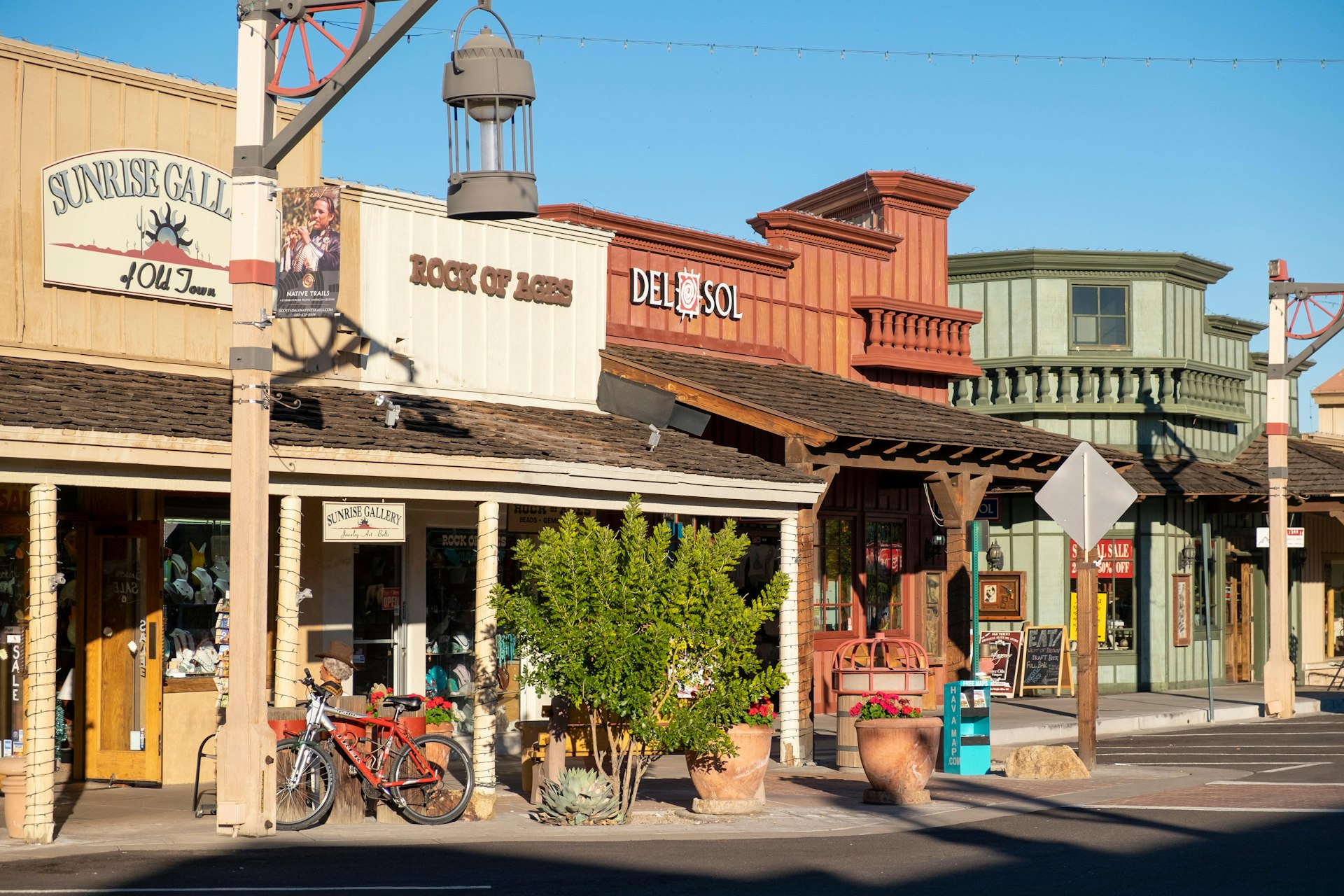 A row of old stores in Old Town Scottsdale, Scottsdale, Phoenix, Arizona, USA