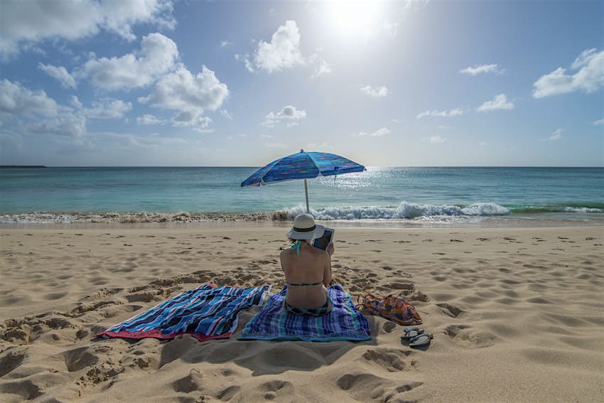 Digitale Nomaden können den Strand auf Barbados gerne als Büro nutzen Eine Frau mit einem digitalen Tablet-Computer an einem menschenleeren Strand