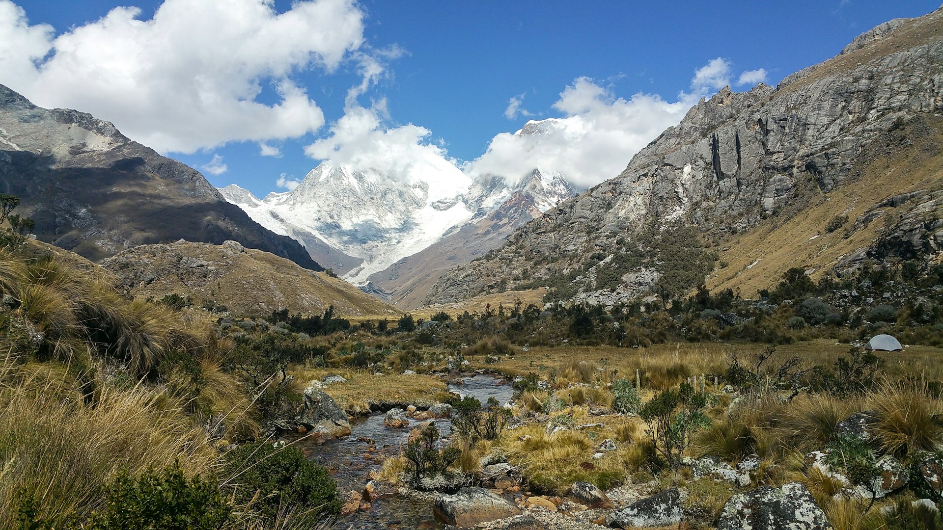 A mountain valley in Huascarán National Park covered in golden grasses with a stream running through it and large mountain peaks in the background.
