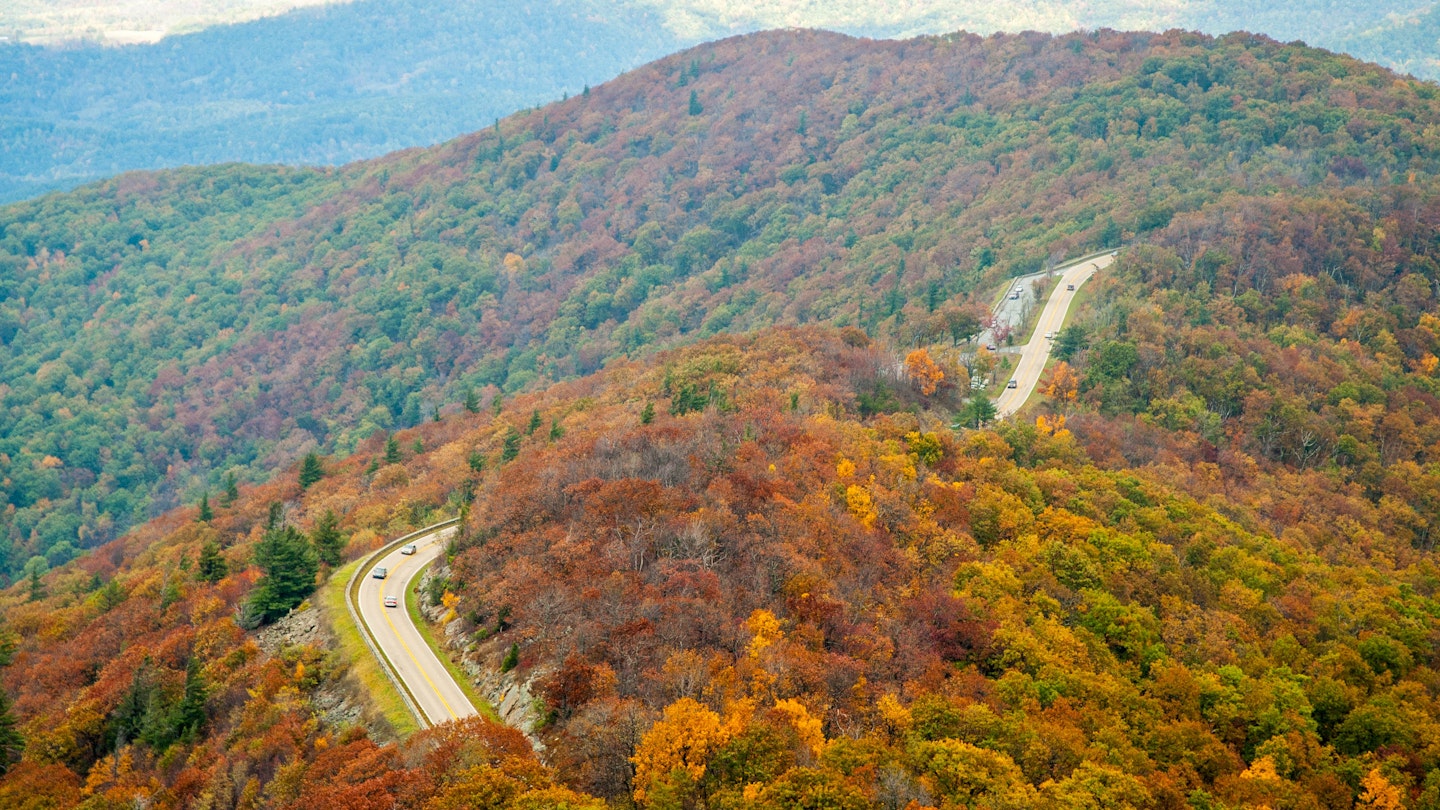 October 27, 2017: Cars travel along the Skyline Drive during Fall.