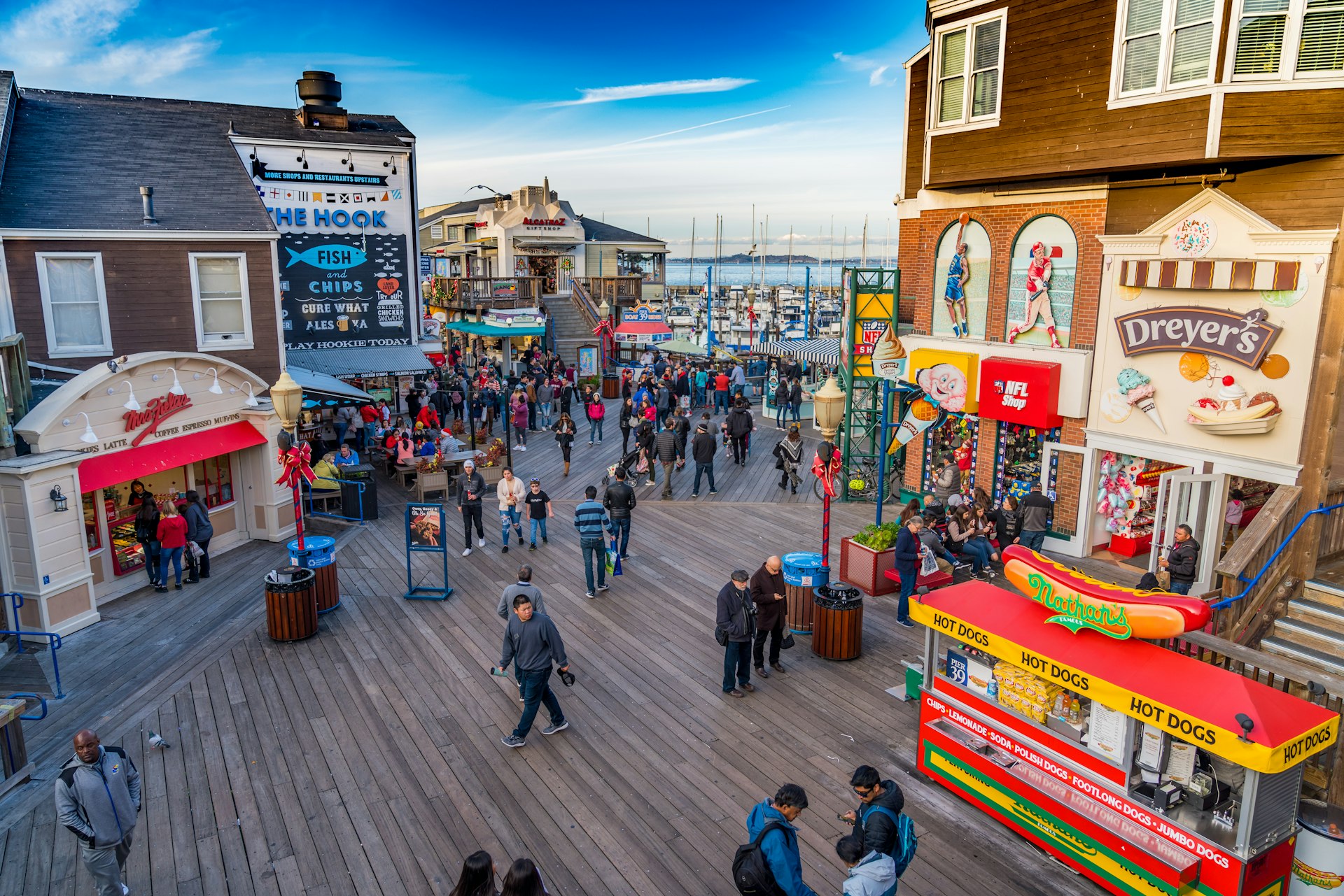High-angle view of the boardwalk at Pier 39 in Fisherman's Wharf, San Francisco
