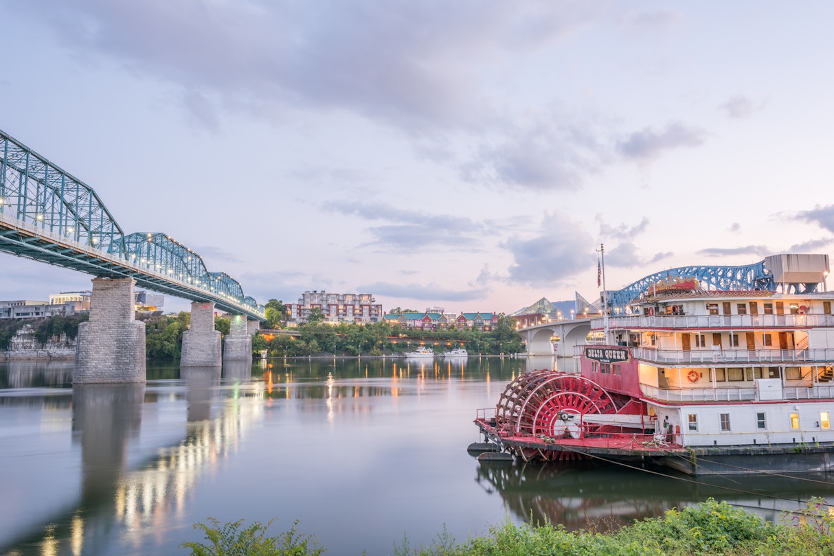 CHATTANOOGA, TN - SEPTEMBER 8: The Delta Queen riverboat hotel as seen from Coolidge Park on September 8, 2014 in Chattanooga.