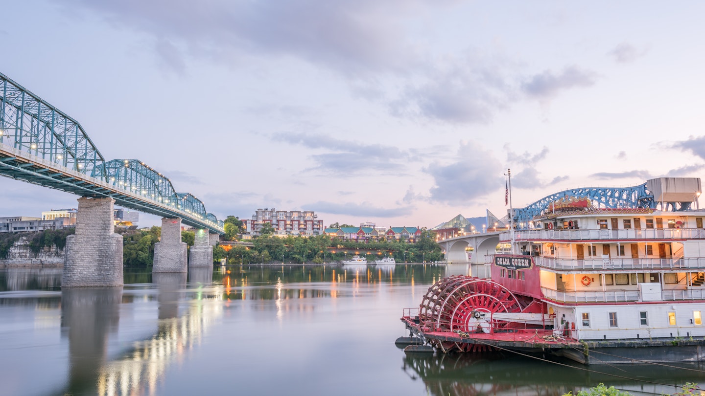 CHATTANOOGA, TN - SEPTEMBER 8: The Delta Queen riverboat hotel as seen from Coolidge Park on September 8, 2014 in Chattanooga.