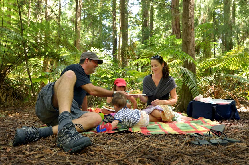 Family having an outdoor picnic at the Redwoods forest in Rotorua. 