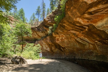 Man trekking through Oak Creek Canyon on the West Fork trail in Arizona, between Flagstaff and Sedona surrounded by beautiful red rock and lush green forest