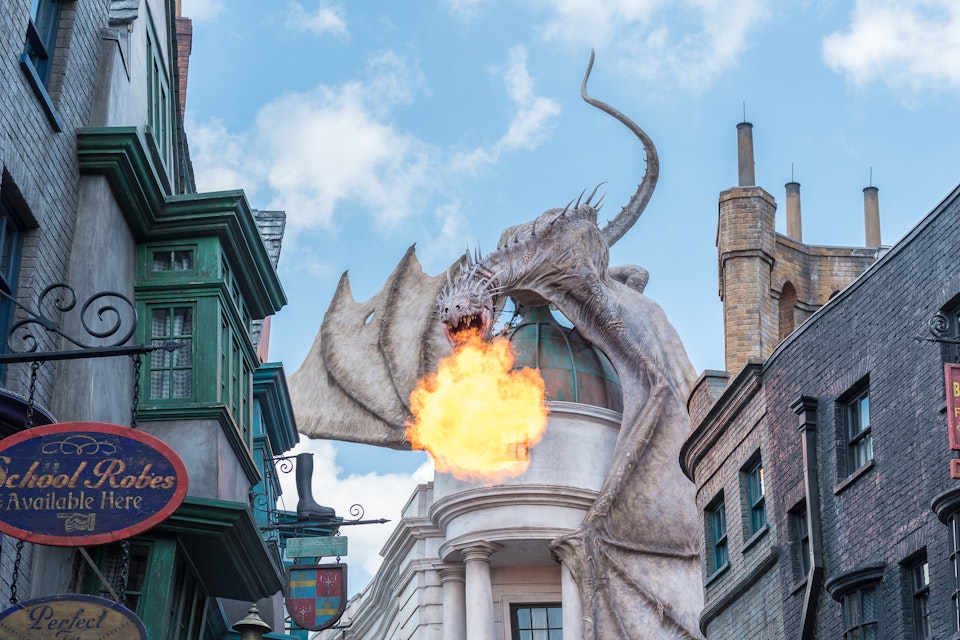 ORLANDO, USA - SEPTEMBER 02, 2015: Gringotts Bank Dragon breathing fire The Wizarding World Of Harry Potter at Universal Studios Orlando. Universal Studios Orlando is a theme park in Orlando, Florida.