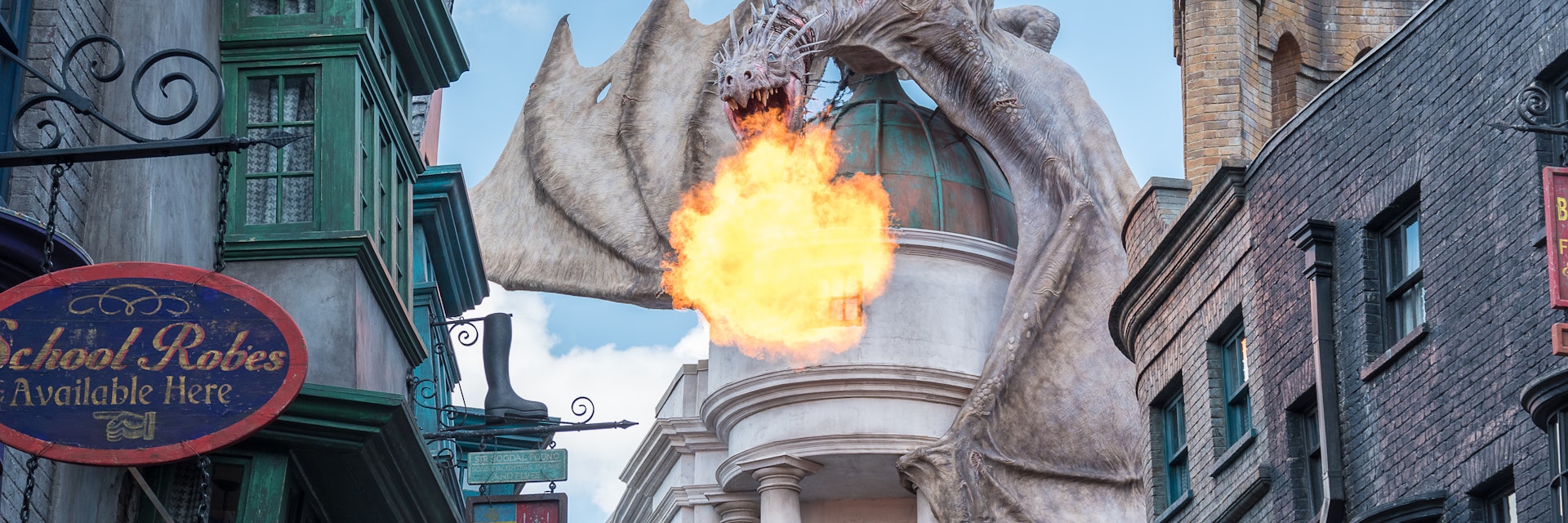 ORLANDO, USA - SEPTEMBER 02, 2015: Gringotts Bank Dragon breathing fire The Wizarding World Of Harry Potter at Universal Studios Orlando. Universal Studios Orlando is a theme park in Orlando, Florida.