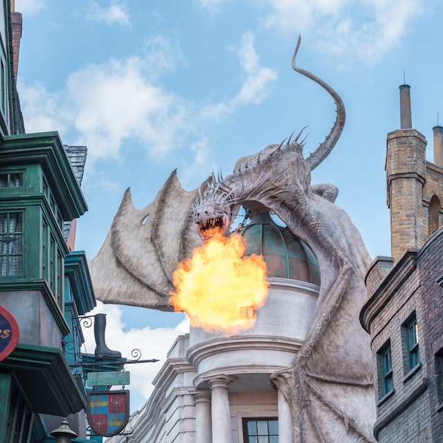 ORLANDO, USA - SEPTEMBER 02, 2015: Gringotts Bank Dragon breathing fire The Wizarding World Of Harry Potter at Universal Studios Orlando. Universal Studios Orlando is a theme park in Orlando, Florida.