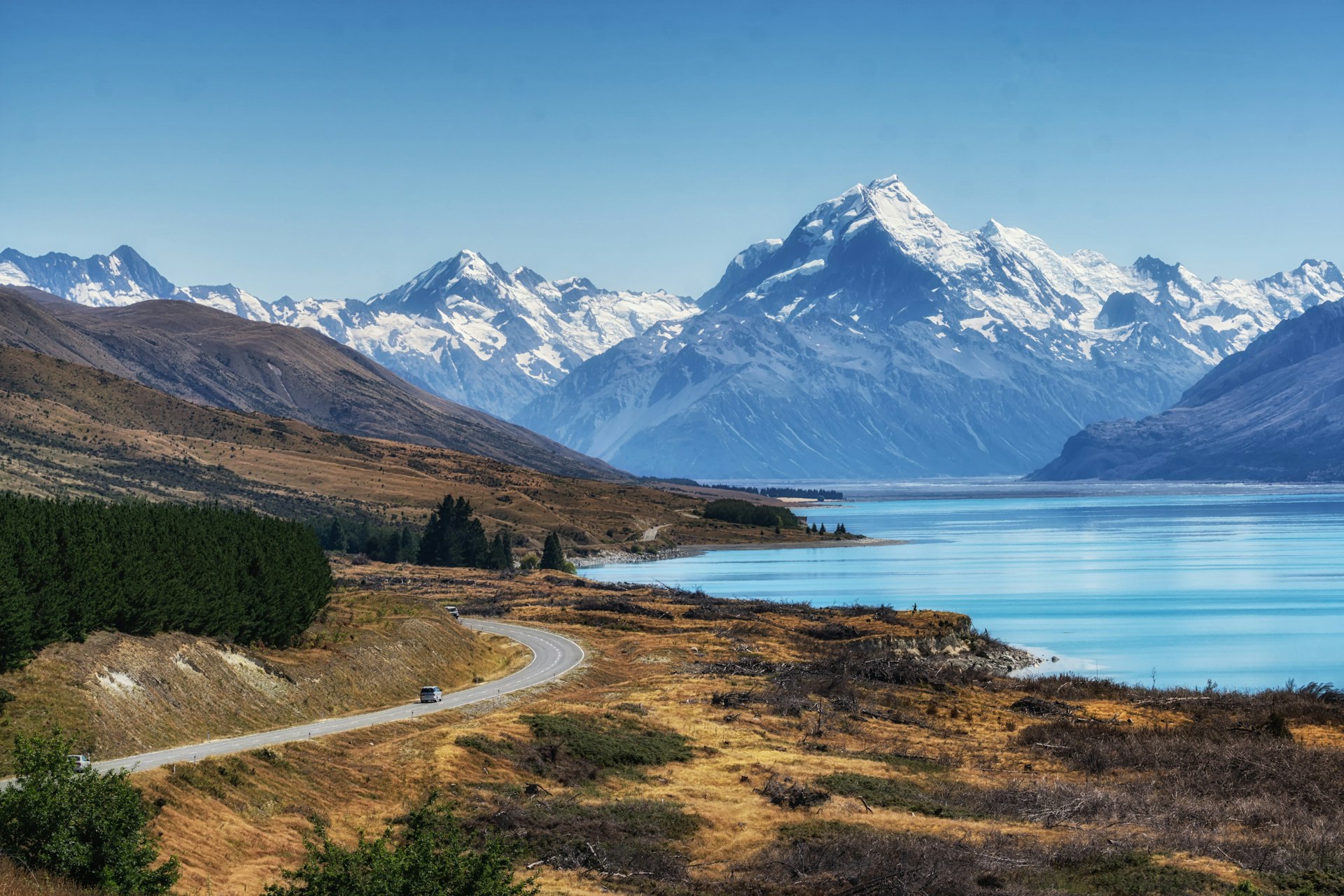 mount cook viewpoint with the lake pukaki and the road leading to Aoraki. Taken during summer in New Zealand.