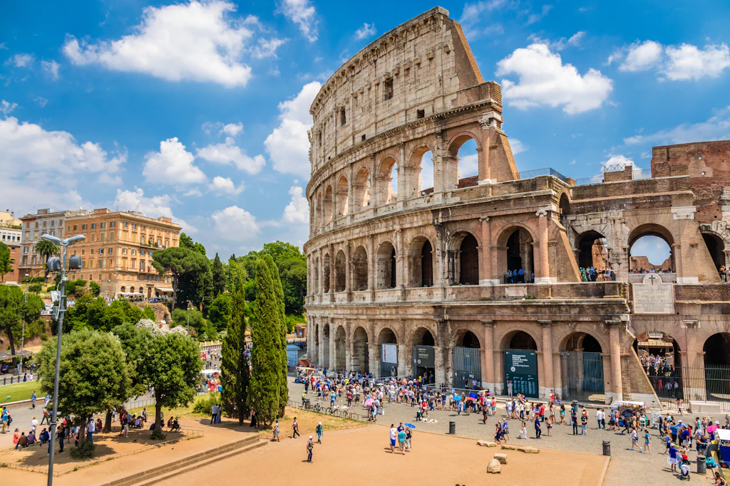 Crowd of visitors outside the Colosseum in Rome