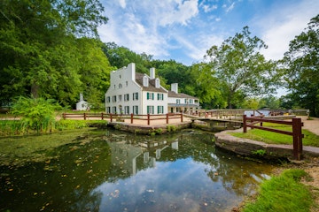 The C & O Canal, and Great Falls Tavern Visitor Center, at Chesapeake & Ohio Canal National Historical Park, Maryland.