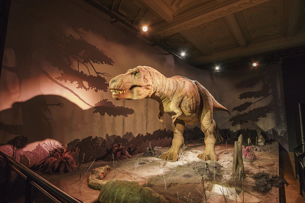 Dinosaur, Natural History Museum A huge brown T-rex with a huge head and tiny forearms stands in a shadowy space