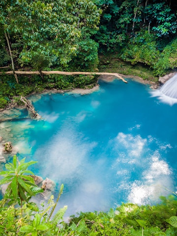 High-angle view of Blue Hole Waterfall in Jamaica.