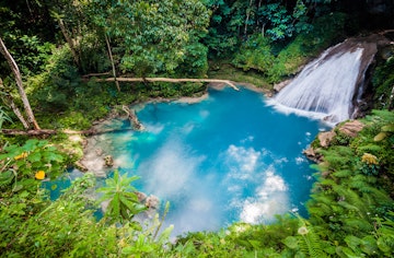 High-angle view of Blue Hole Waterfall in Jamaica.