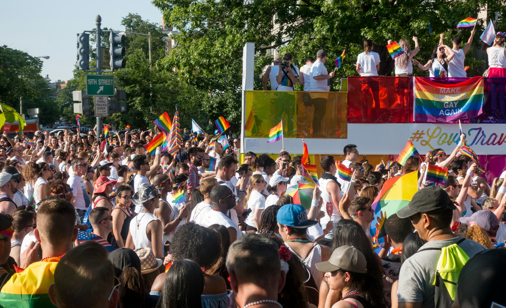 A crowd of onlookers at the annual LGBT Capital Pride Parade near Dupont Circle in Washington, DC
