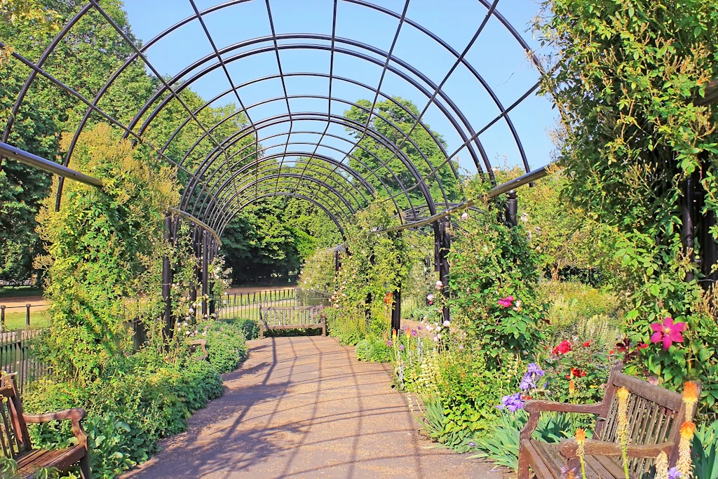 A pergola over a path in a flower-filled garden