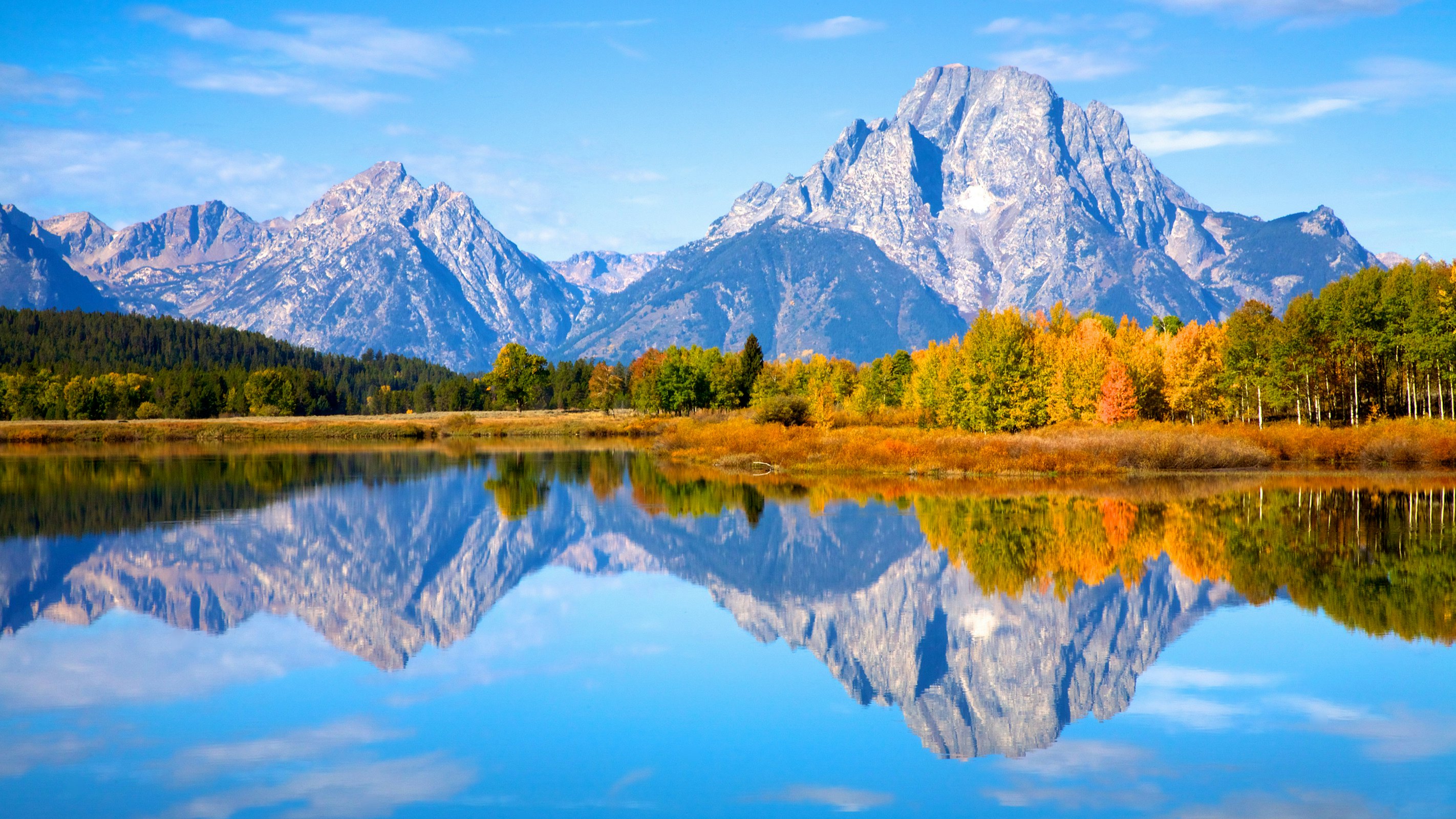 View of the Grand Teton Mountains from Oxbow Bend on the Snake River.