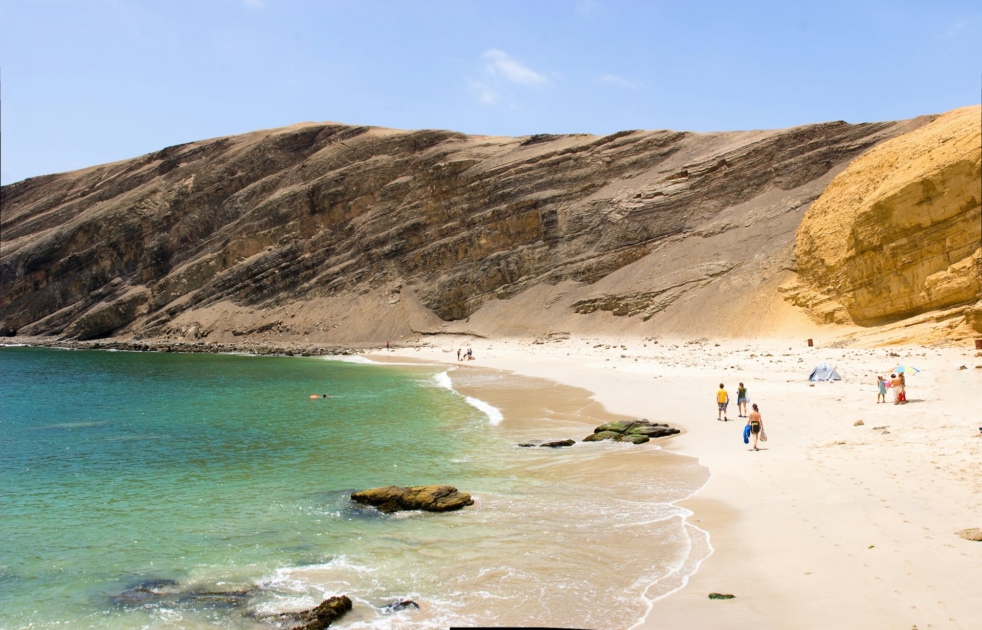 People walk along a stretch of sand backed by yellow cliffs and lapped by turquoise blue water at Paracas National Reserve 