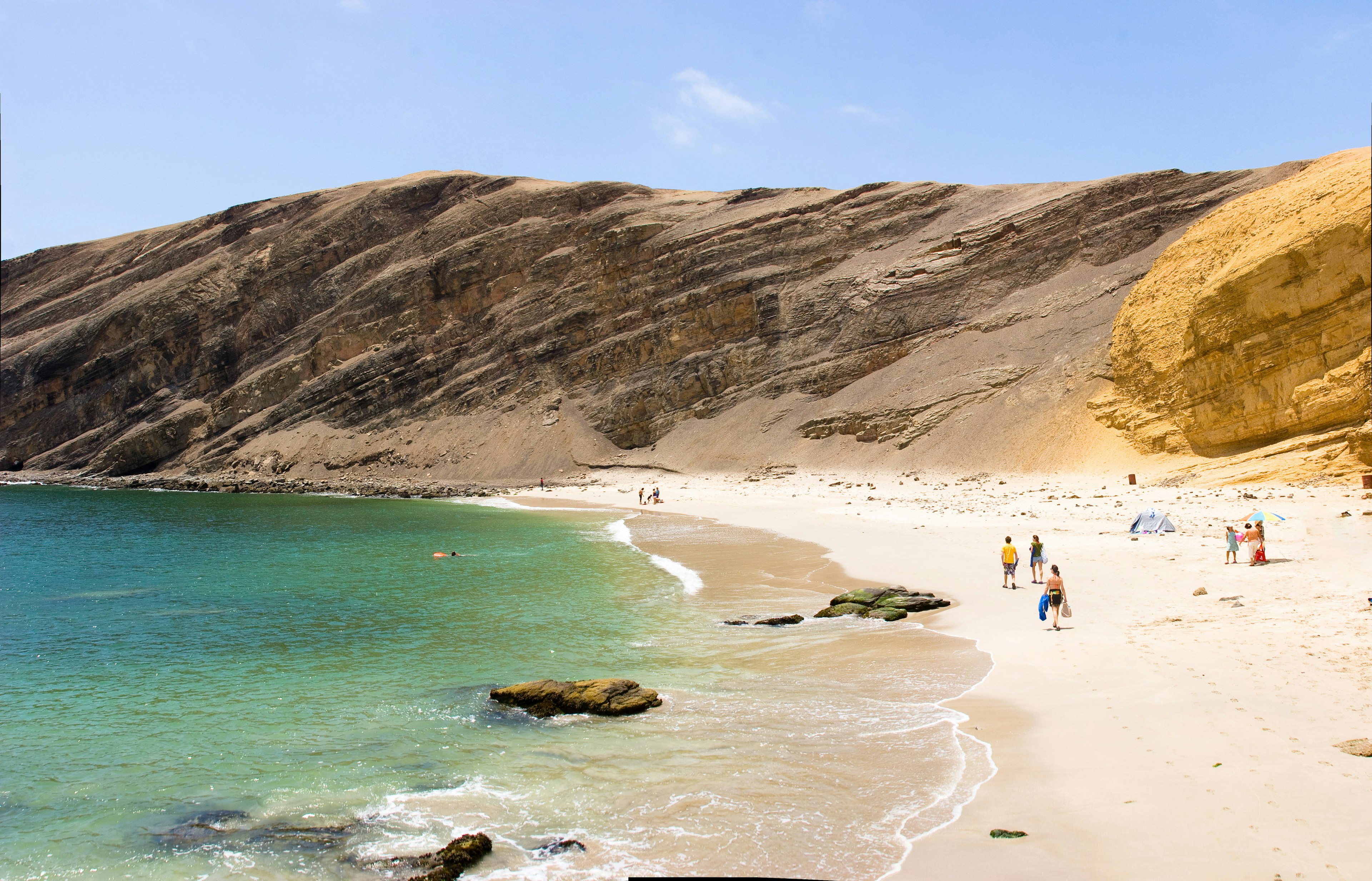 People walk along a stretch of sand backed by yellow cliffs and lapped by turquoise blue water at Paracas National Reserve