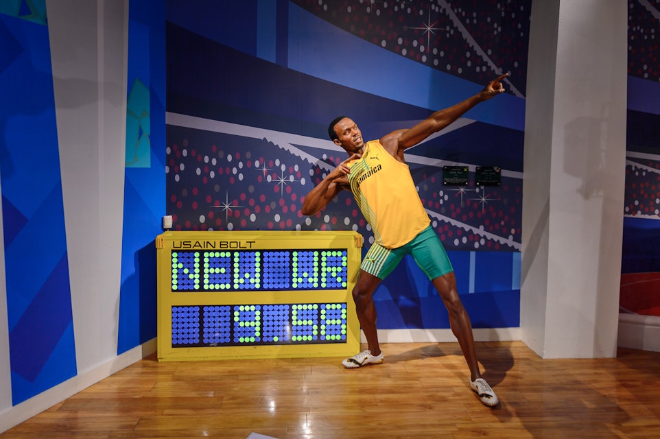 LONDON, ENGLAND - JULY 22, 2016: Jamaican runner Usaine Bolt,  Madame Tussauds wax museum. It is a major tourist attraction in London; Shutterstock ID 460048255; Your name (First / Last): Claire Naylor; GL account no.: 65050; Netsuite department name: Online-Editorial; Full Product or Project name including edition: London with kids article