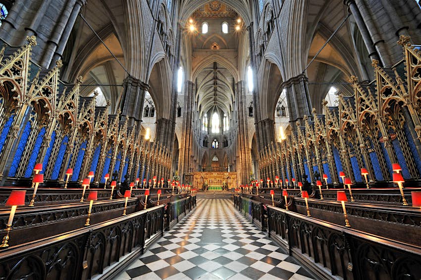 The Quire, Westminster Abbey A stunning shot through a church quire, with black-and-white tiled floors and huge vaulted ceilings